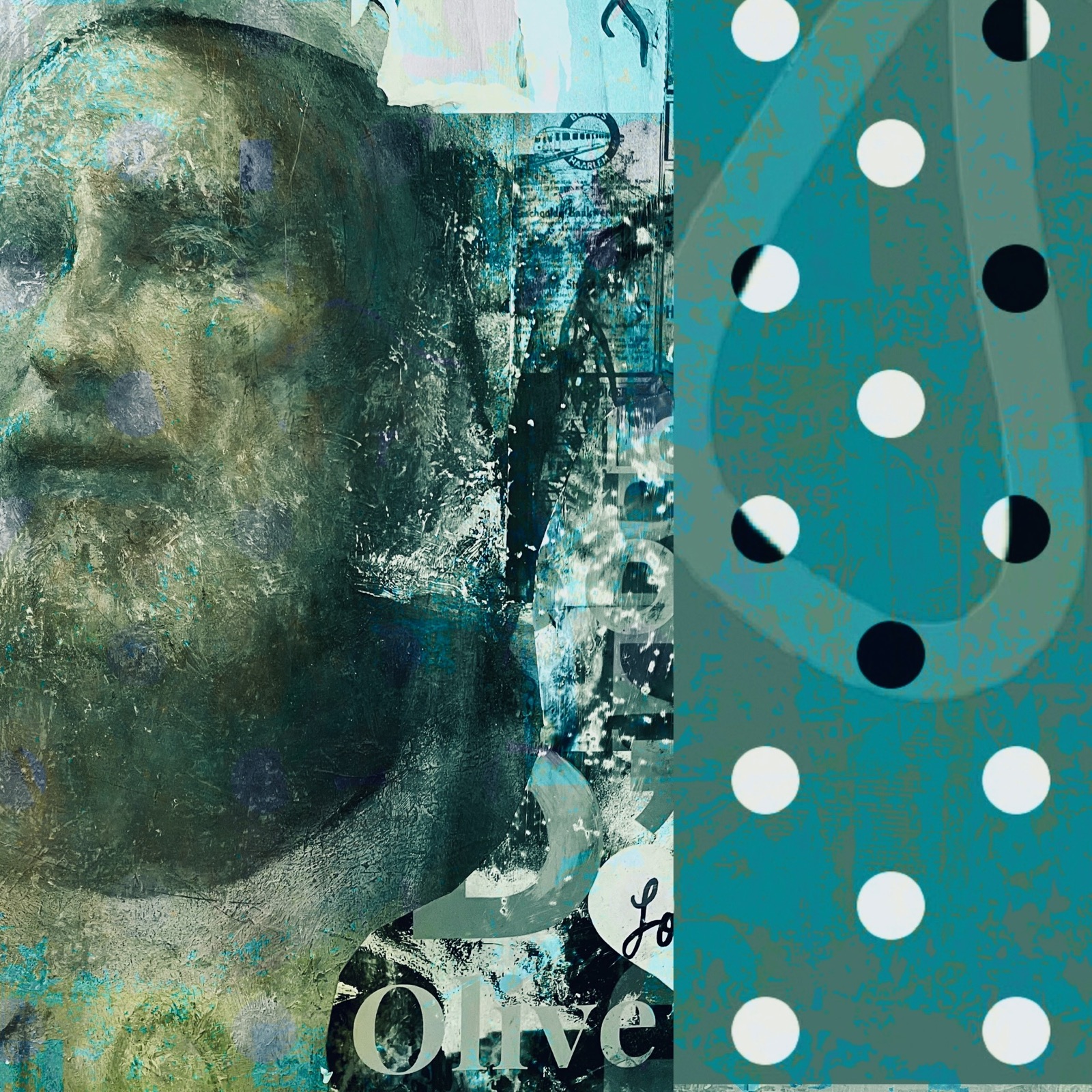 Œuvre bleue de Laurent Bonet, visage et motifs géométriques